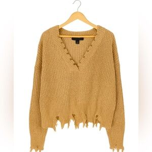 Lu NYC size medium tan fringe V-neck sweater. Excellent condition.